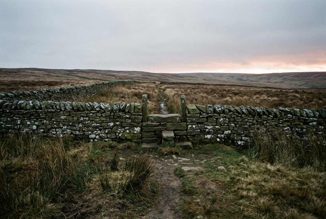 First light: a stone stile in a wall on an empty moor with the path beyond it lost in rough grass, cold grey sky
