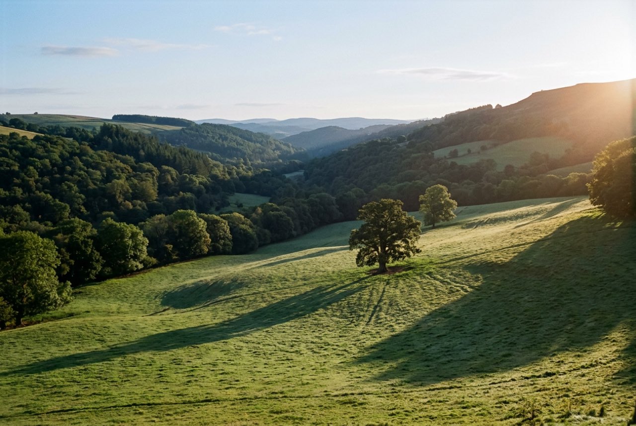 Seven in the morning: rolling green pasture with a wooded valley beyond, sunlight only just over the ridge, long shadows from single trees