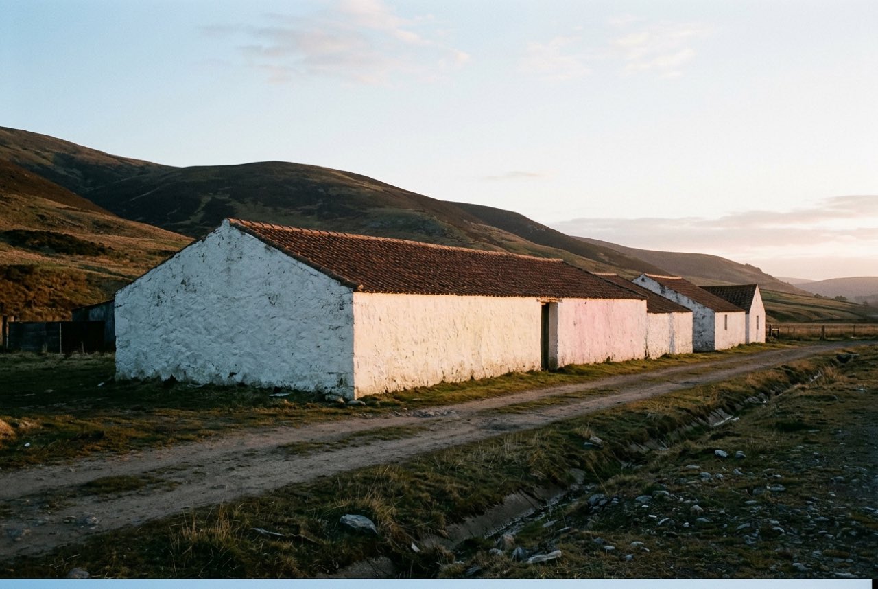Half past six in the morning: a line of low whitewashed farm buildings along a track with bare hills behind, first light on the wall faces