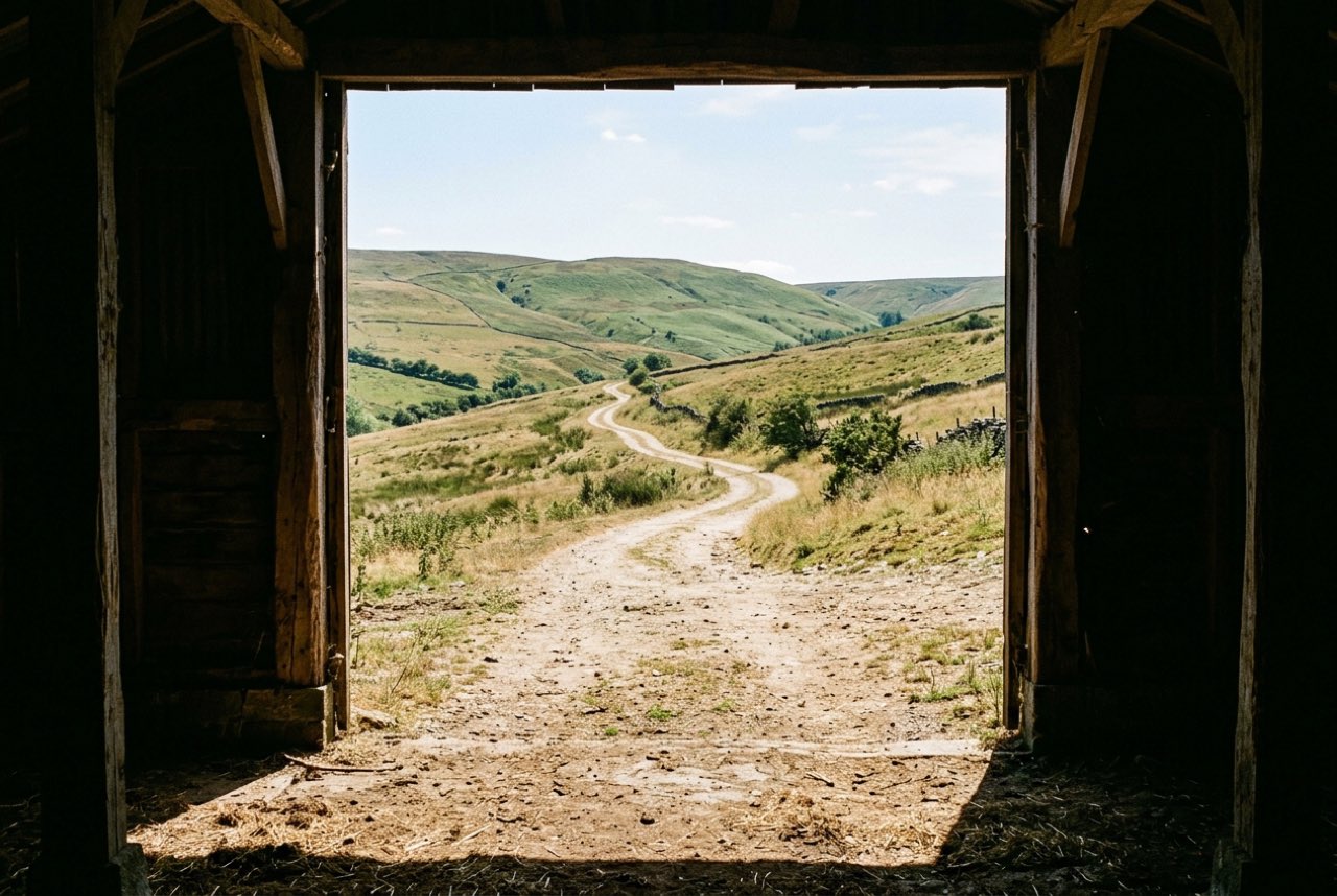 Midday: an open barn doorway framing green hills and a track running away, hard light outside and deep shade inside, nothing stored