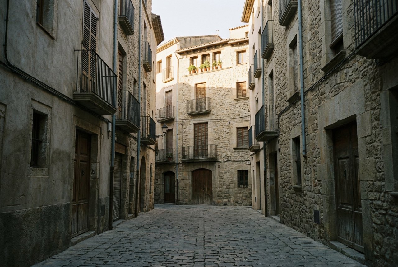 Half past seven in the morning: a narrow stone street opening onto a small square, first sun on the upper storeys only