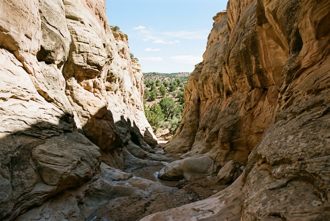 One in the afternoon: a gorge narrowing to a slot between pale rock walls with green upland visible through the far end
