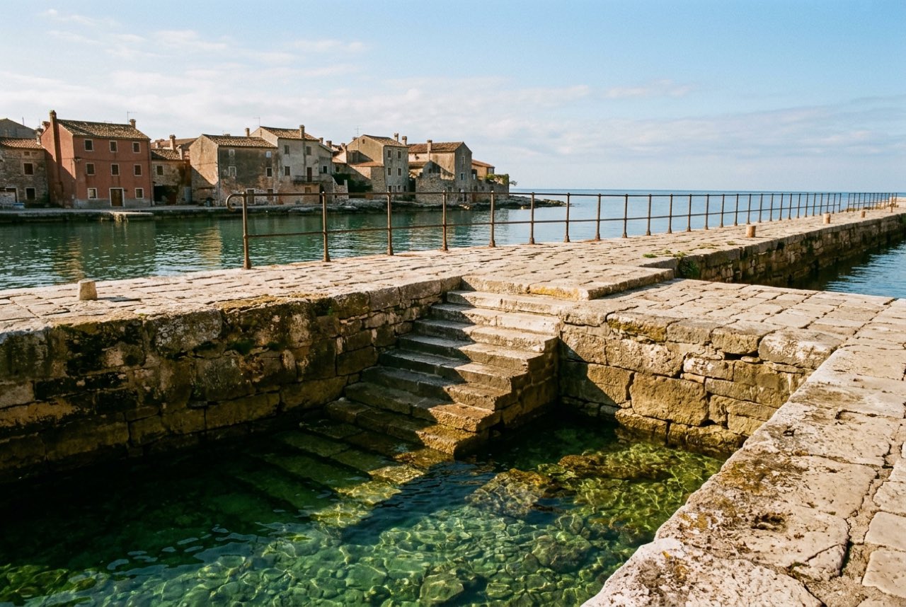 Half past nine in the morning: an old stone quayside on a foreign harbour with clear green water and steps descending into it, no boats