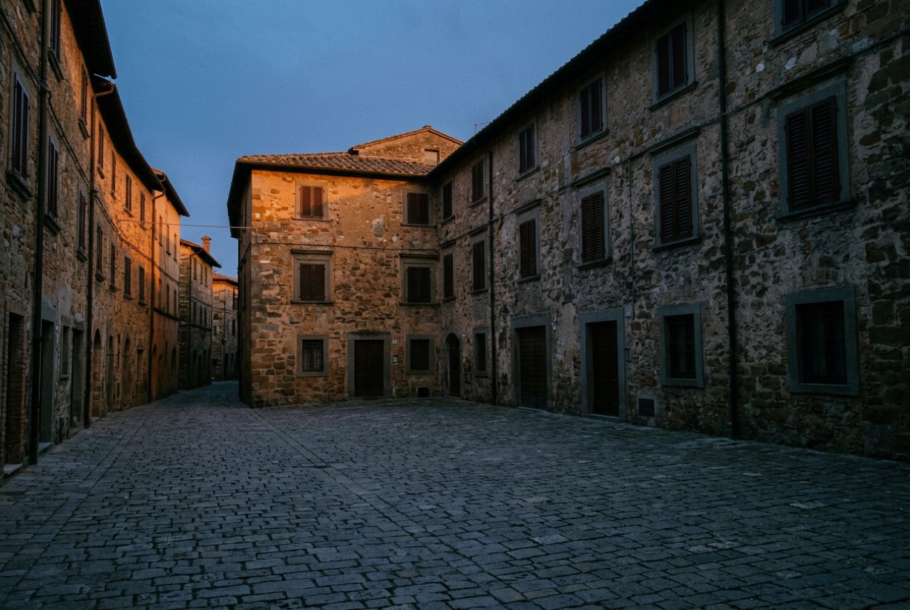 Half past six in the evening: a small square in a stone town with warm light on one side and deep shade on the other, shutters closed