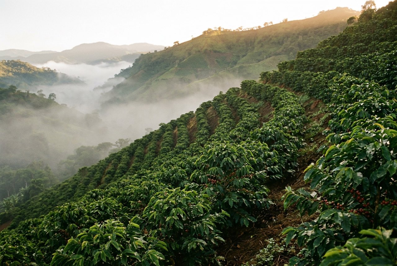 Seven in the morning: a steep green coffee slope in the tropics with mist lying in the valley and first sun on the ridge