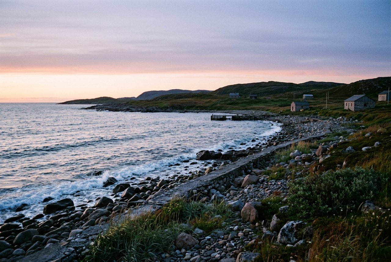 Half past eleven at night: an island coast at high latitude in full midsummer twilight, the sky pale orange along the horizon, everything visible