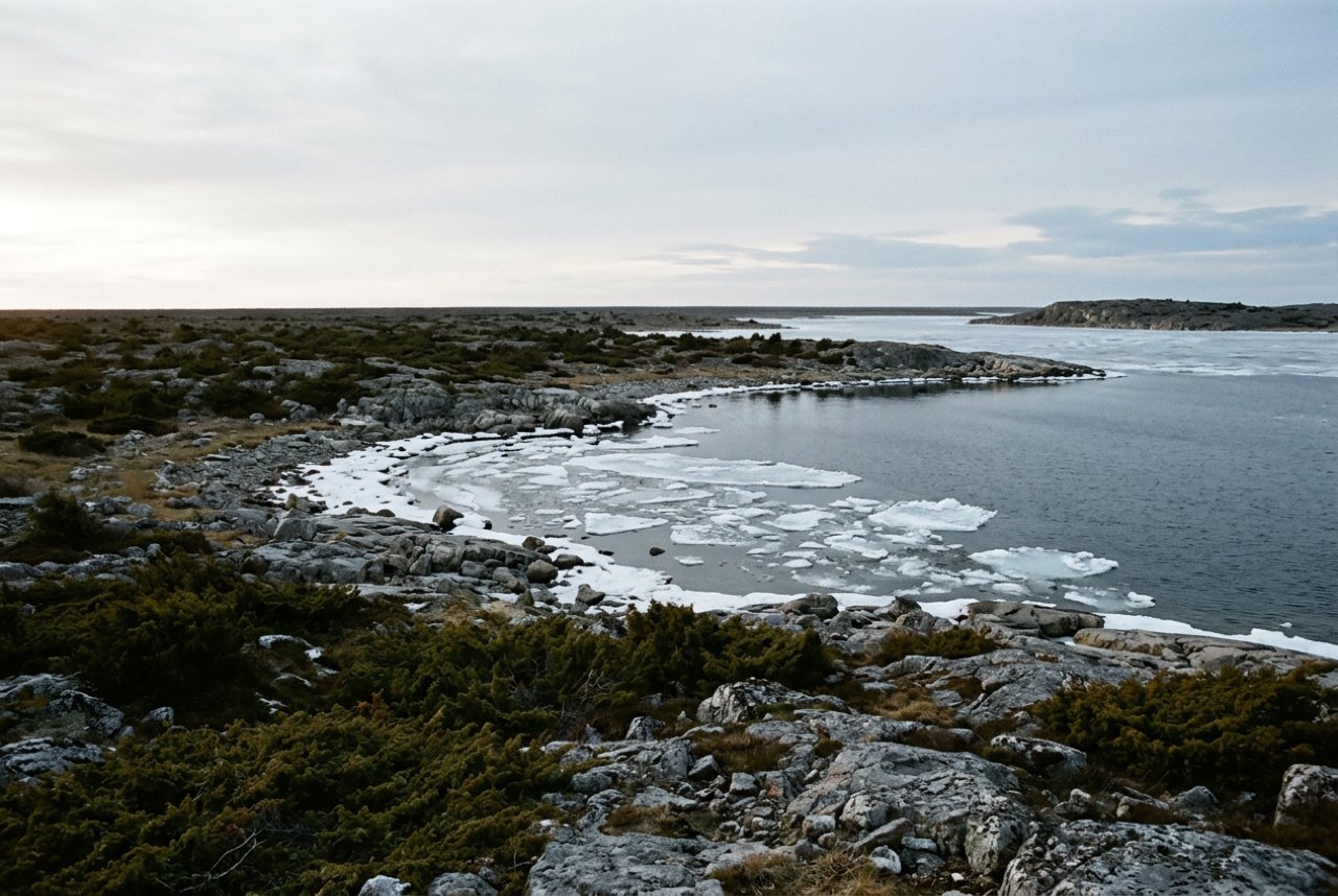 Five in the evening: a flat island landscape of juniper and grey stone with the last ice going off a shallow bay, cold clear light