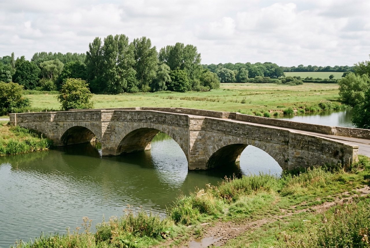 Ten in the morning: a wide stone bridge over a slow green river, flat even light, meadows and poplars beyond