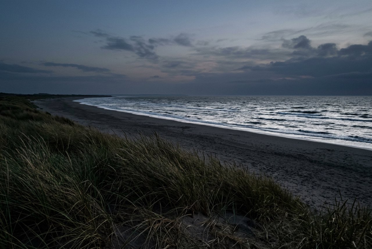 Half past eight in the evening: a wide empty beach on a foreign shore with the sea silver and the light nearly gone, marram grass in the foreground