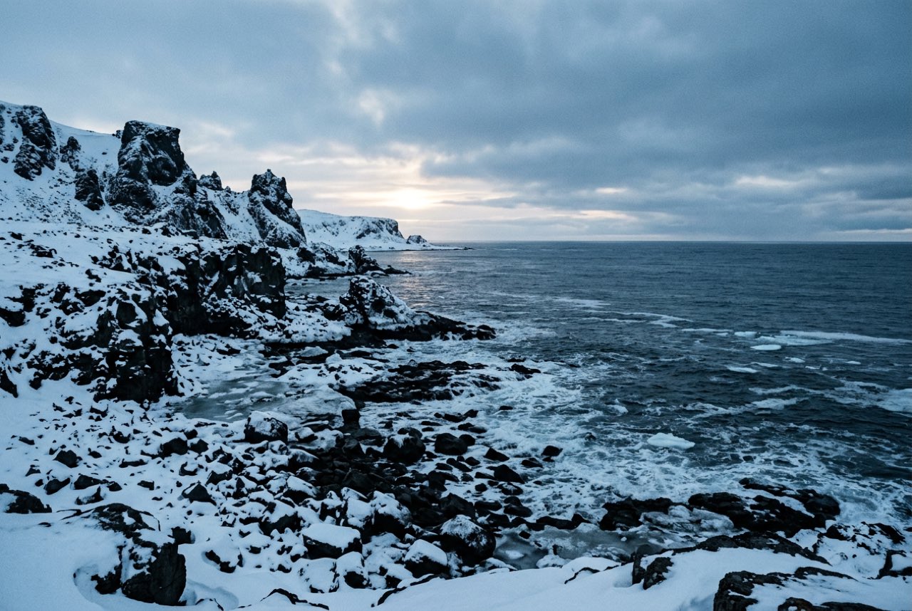 Half past eleven in the morning in deep winter: a jagged Arctic island coast in low blue light, the sun barely above the horizon, snow on black rock