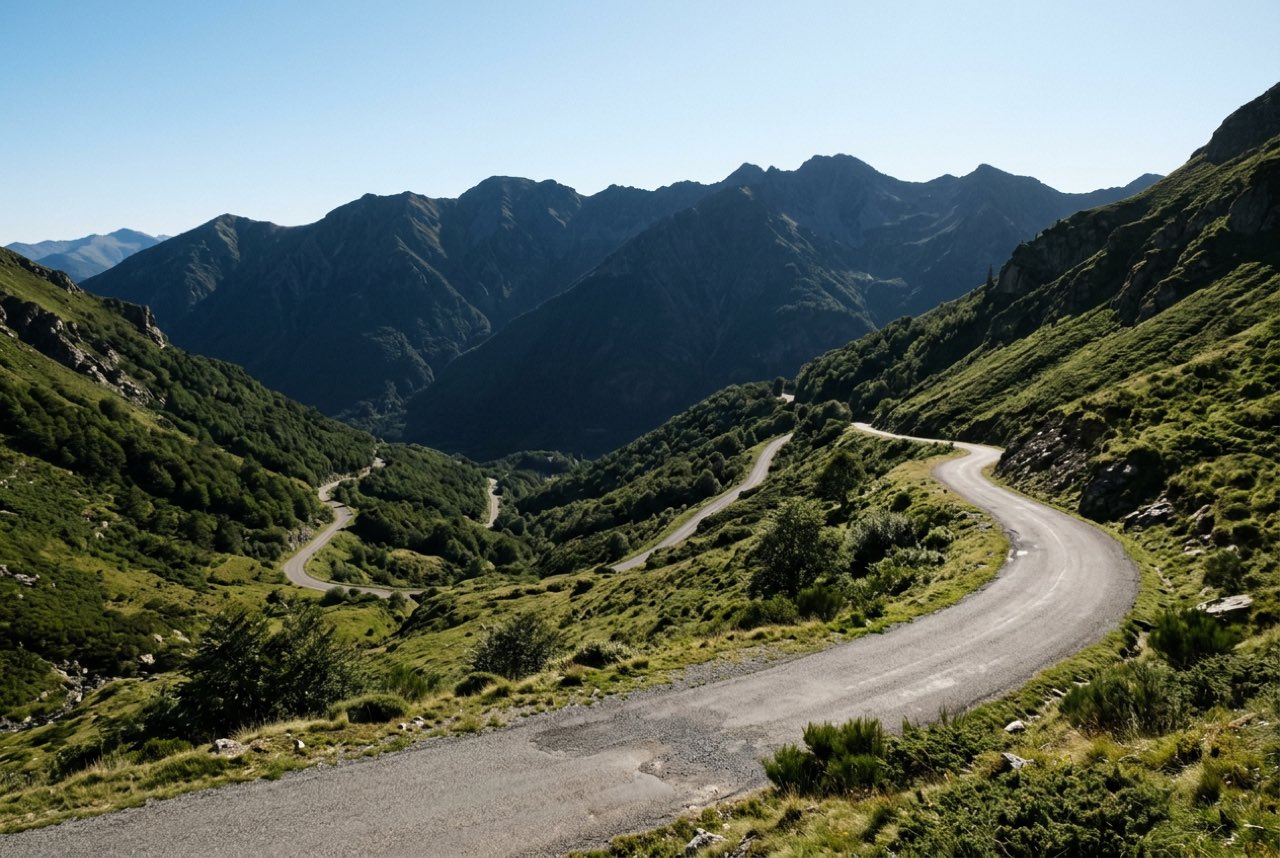 Nine in the morning: a green mountain pass with the road dropping away and the far range still in shadow, clear cold air